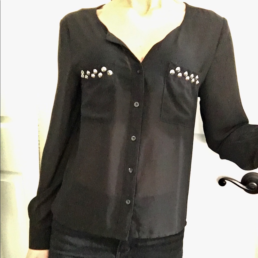 Pocket Studded Black Button up Black Collar Top